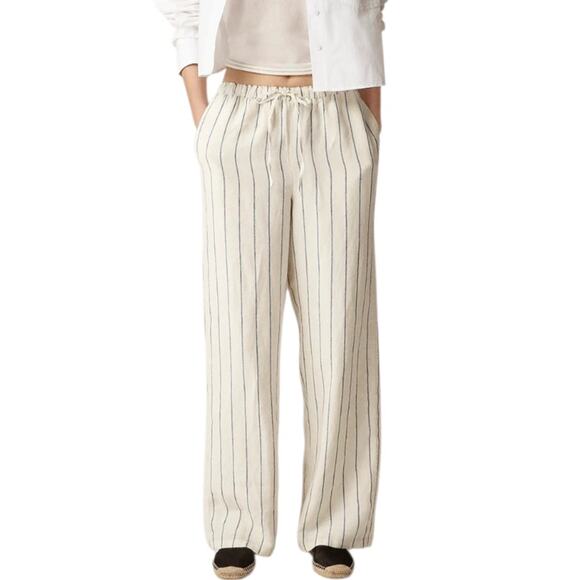 J Crew Tall Soleil Linen Pants Slim Wide Ivory Blue Stripe Drawstring Small